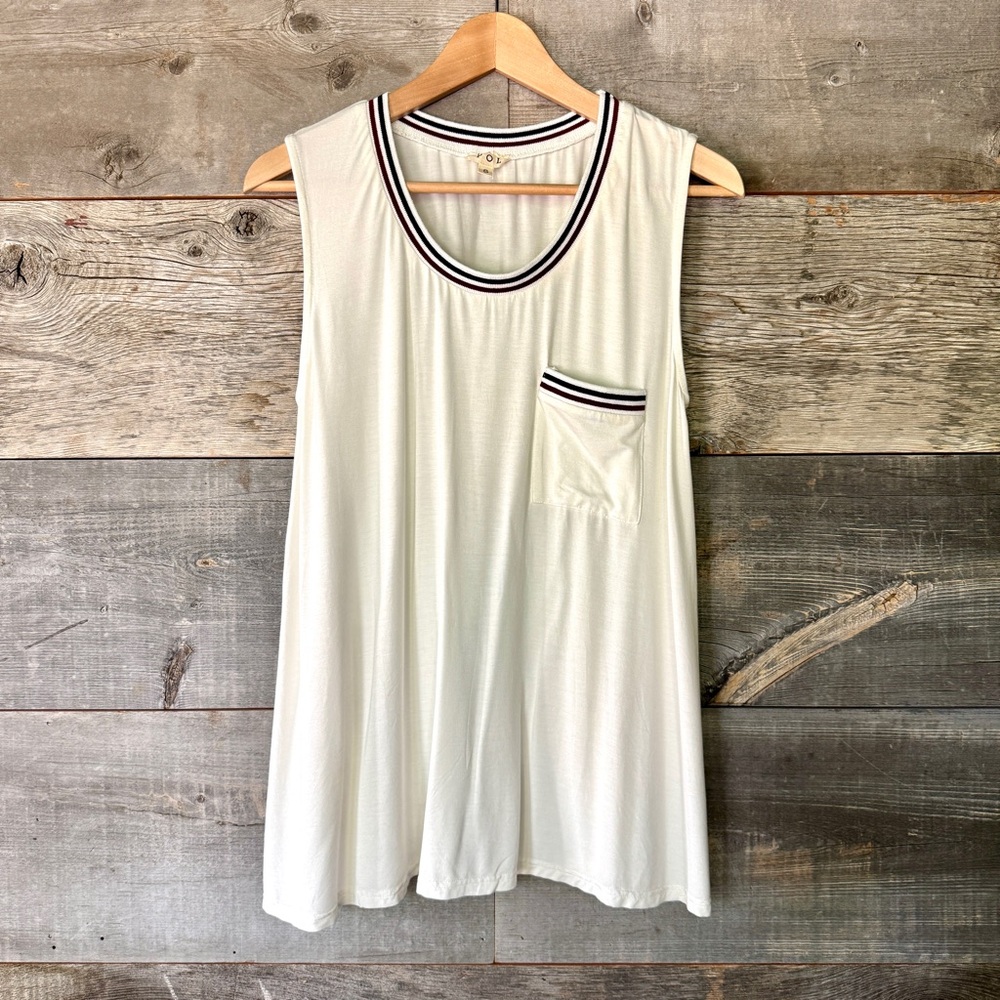 NWOT POL Sleeveless Tank Top S Cream Red Black Trim Tennis Preppy Drapey‎ Pocket